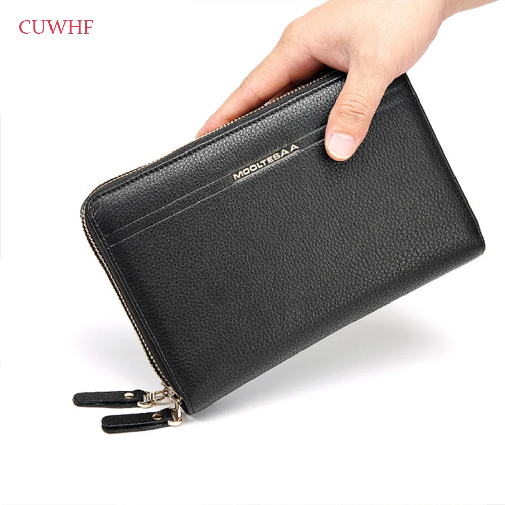 

New 100%Cowhide Men Wallets high quality Long section Purses Business Large Capacity Wallet Double Zipper Phone Bag Clutch