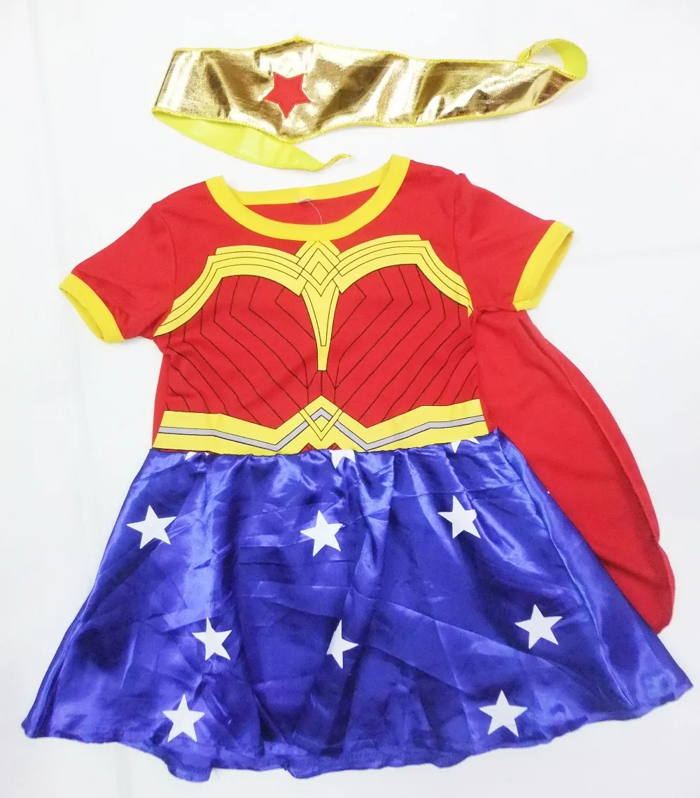 

Red 3 - 7 years Girl Party decoration chrismas short sleeves Wonder woman superman dress Cosplay & (shawls+scarf)