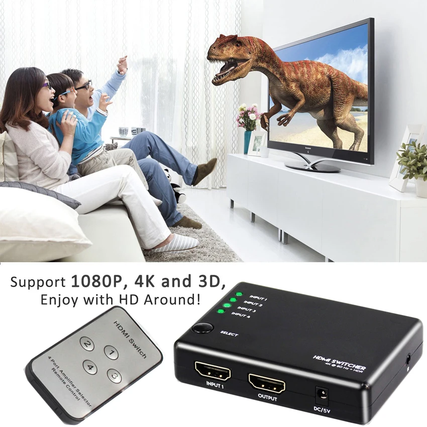 HDMI Switcher 4x1 Switch Box 4 in 1 out HDMI 2.0 Converter Selector HDCP 2.2 for HDTV Xbox PS3 PS4 Multimedia Remote IR Receiver