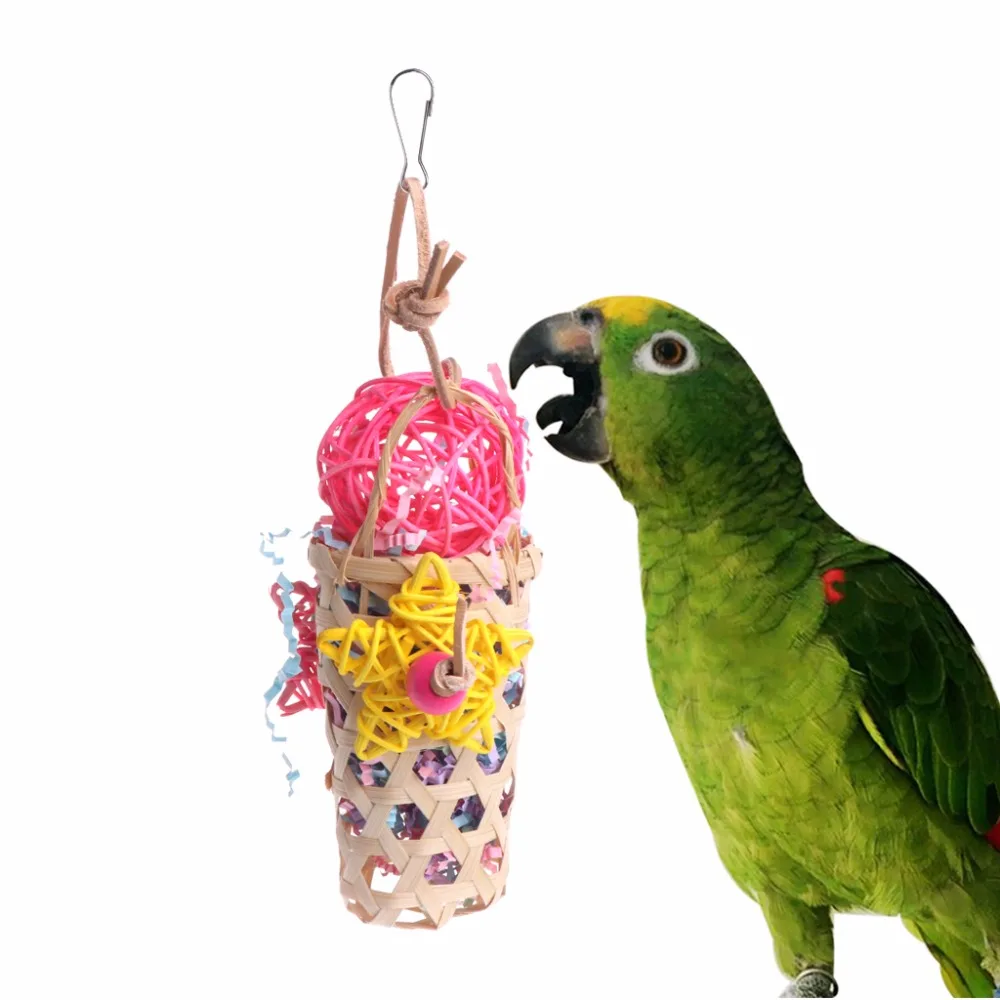 Birds Parrots Toys Wood Knitted Rattan Ball Swing Chewing Bite Hanging