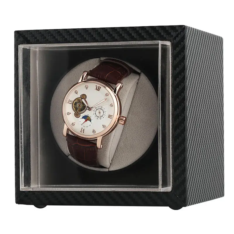 

Mini Silent Watch Winder Automatic Carbon Fiber Interior Watch Case Leather PU Box Portable Rotating Watches Case