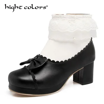 

New Lolita Boots Shoes For Woman Platform Thick Heel Sweet Bow Ruffles Women Ankle Boots Lolita Princess Shoes Big Size 43