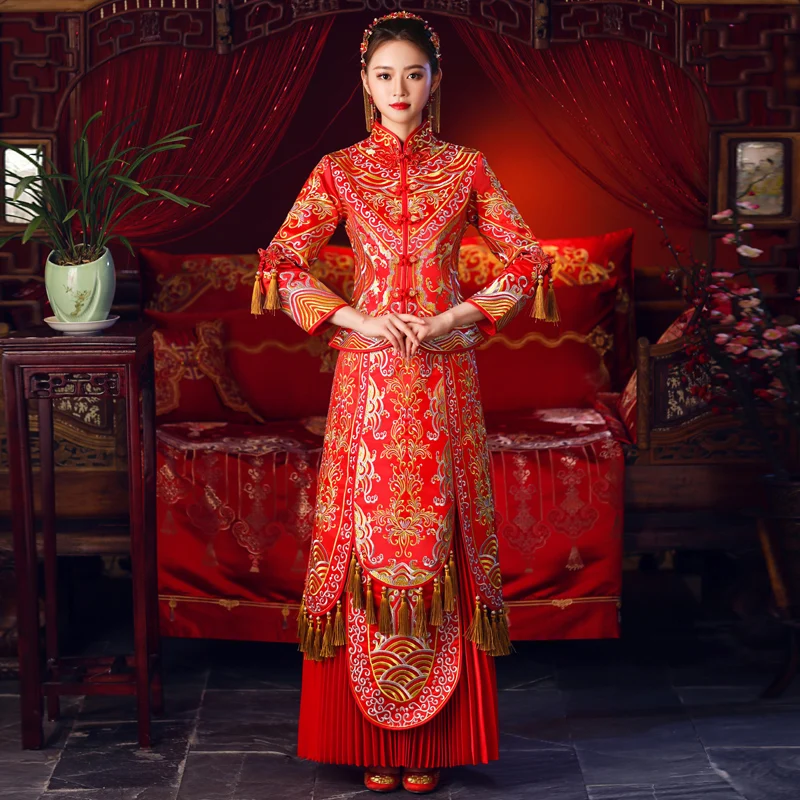 Красное свадебное платье в китайском стиле Cheongsam традиционная леди длинное Ципао Вышивка женское вечернее платье женственная одежда S-XXXL