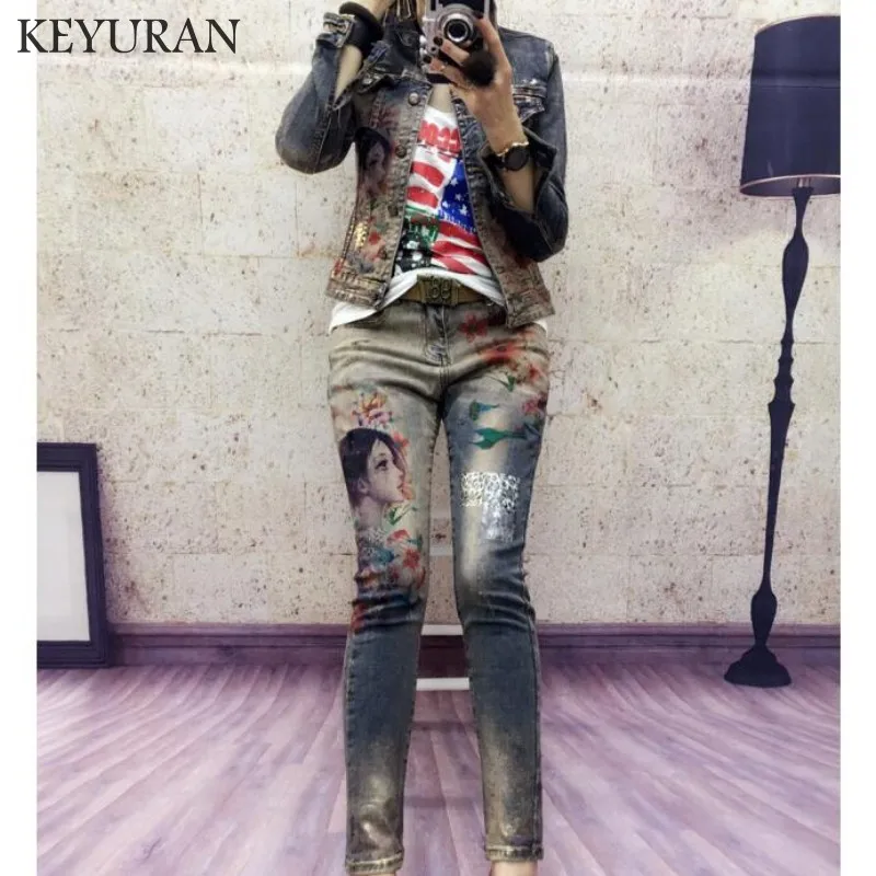 Bloemen Print Trends Nieuwe Winter Fashion Designer Runway Suit Set vrouwen Bloemen Broek Set Vrouwen Denim Jas + Jeans 2 stuk Sets