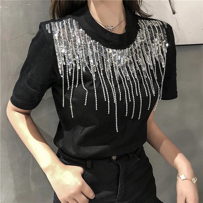 

Harajuku Summer Sequined T-Shirts Women Short Sleeve Tassel White Black tshirt streetwear Tops t shirt femme camisetas mujer