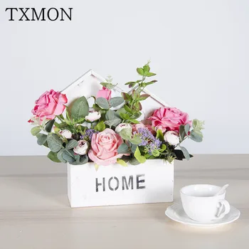 

Creative small wooden house pot artificial flowers artificial silk flower hotel living room home furnishings decorative flowers