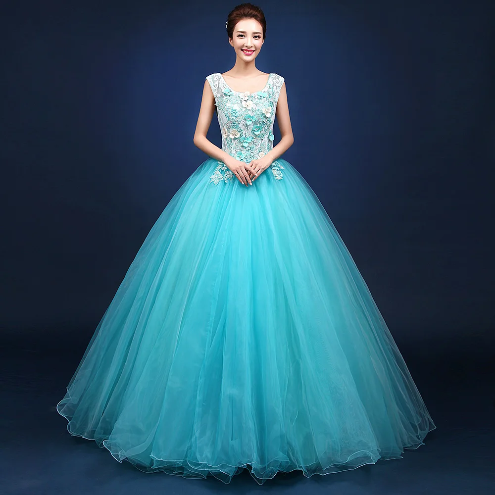 

Vestido De Noiva Fashion Blue Flower Appliques V Collar Long Quinceanera Dresses Birde Banquet Sexy Party Gown Performance Dress