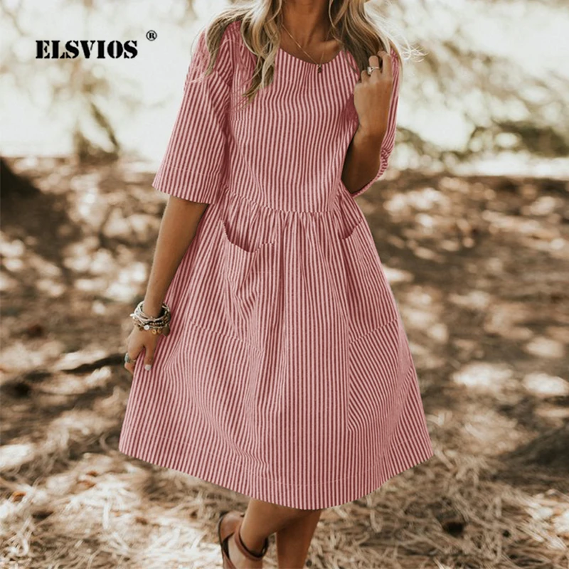 

ELSVIOS для женщин летнее элегантное платье с круглым вырезом, с коротким рукавом, с карманами, свободный, вечерние Vestido повседневные мешковатые Полосатое платье Открытое платье без рукавов больших размеров