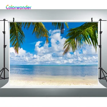 

Hawaiian Style Background for Photography Green Tropical Palm Tree Leaves 7x5ft Sea Beach Scenery Backdrops for Photo Booth Prop