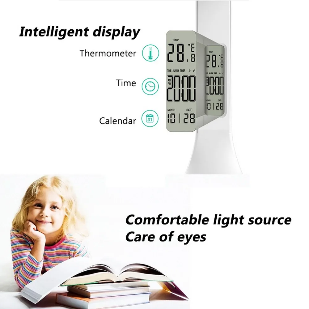 Светодиодный настольная лампа с регулируемой яркостью сенсорный Настольная лампа с Календарь Будильник температура стол фары ночные огни