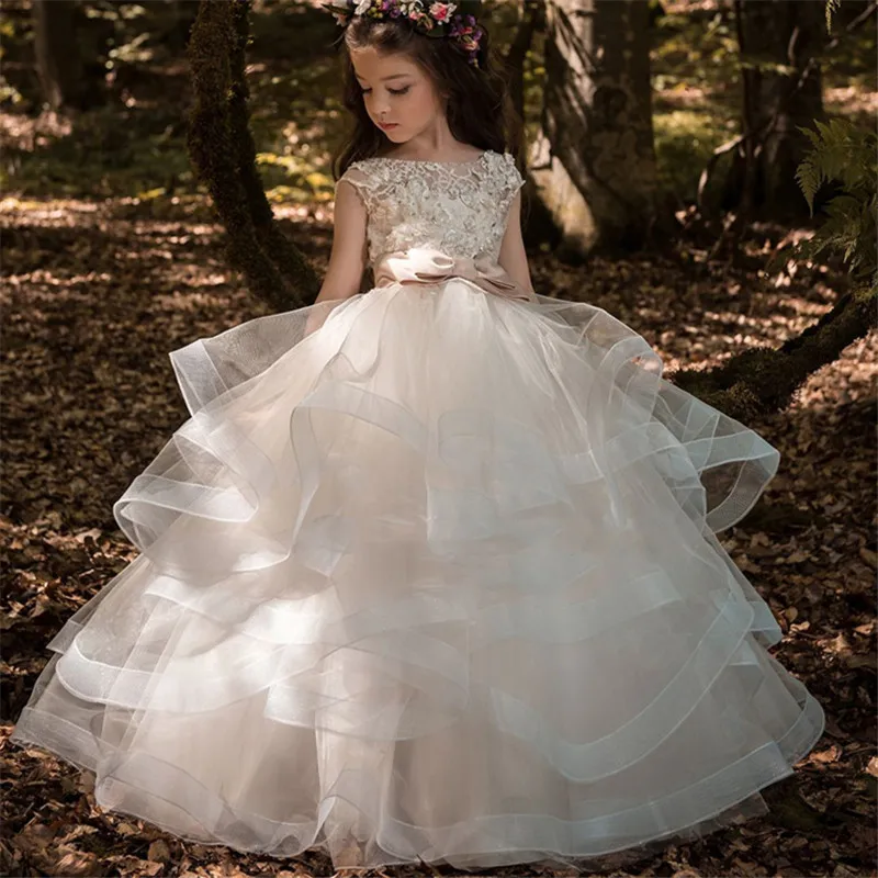 US $53.40 Flower Girl Dresses Elegant Champagne Lace Appliqué Sleeveless Cascading Kids Pageant Gowns For Weddings First Communion Dresses