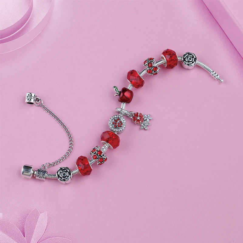 Новое поступление красное рождественское Яблоко цветок Пандора браслет серебристого цвета завод Кристалл бисера для Diy ювелирных изделий