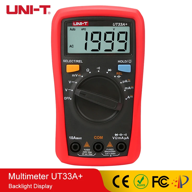 

UNI-T Digital Multimeter LCD AC/DC Voltage DC Current Resistance Tester Red+Black +2mF Capacitance Backlight Display UT33A+