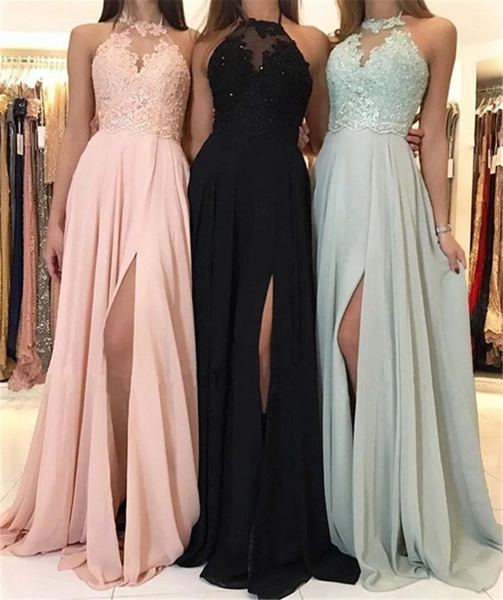 

Hot Selling Pink Halter Long Evening Dress Backless High Split Lace Chiffon Cheap Occasion Dresses 2019 Custom Made Prom Gowns