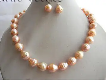 

Free Shipping >> 18'' 12MMX15MM Pink Teardrop Freshwater Pearl Earring Necklace Set