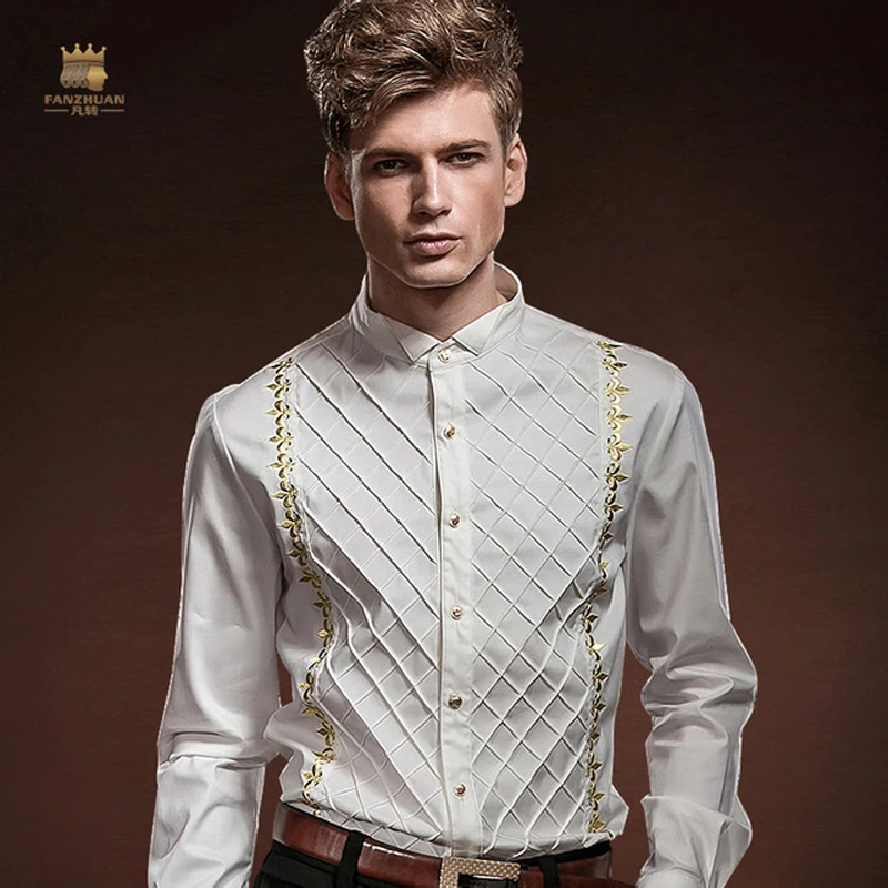 

FANZHUAN Free Shipping New personality male Men's Shirt Long Sleeve Slim Plaid British Court Embroidery White Dress Shirt 14233