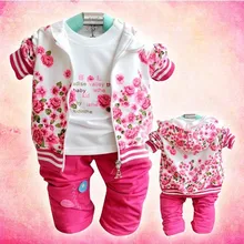 Комплект одежды для маленьких девочек, розовая Повседневная куртка с капюшоном+ осенний костюм футболка с длинными рукавами и цветочным принтом+ штаны, одежда для малышей хлопковая XY-016