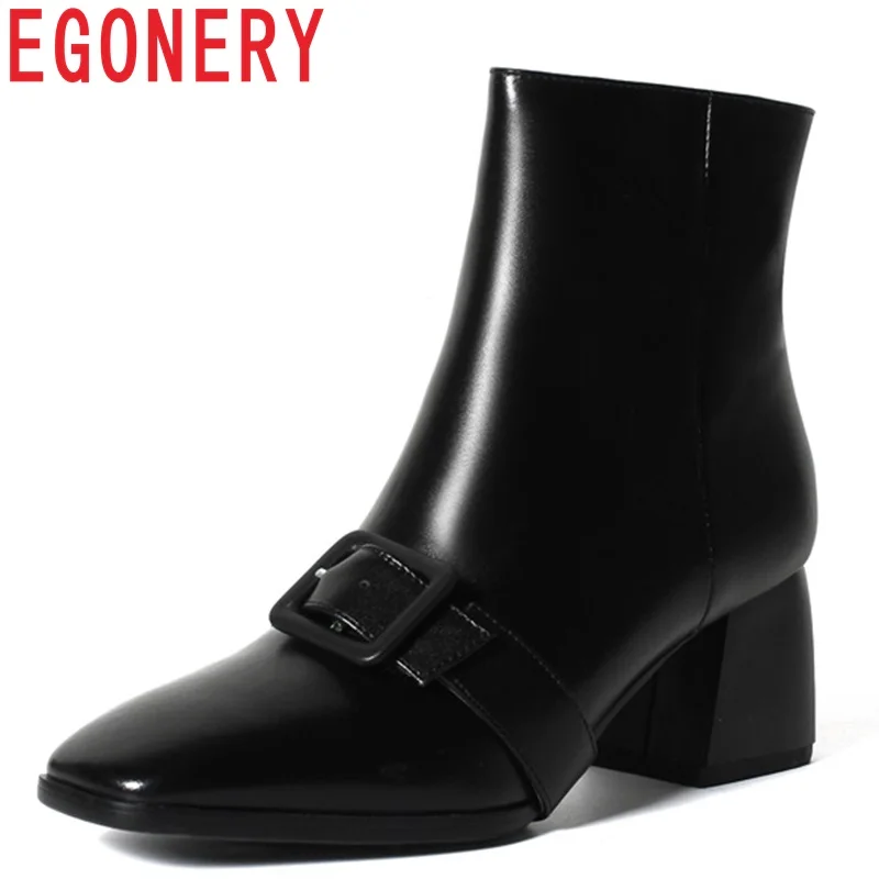 

EGONERY shoes women hot sale newest high square heel zipper square toe buckle strap winter plush warm fashion party ankle boots