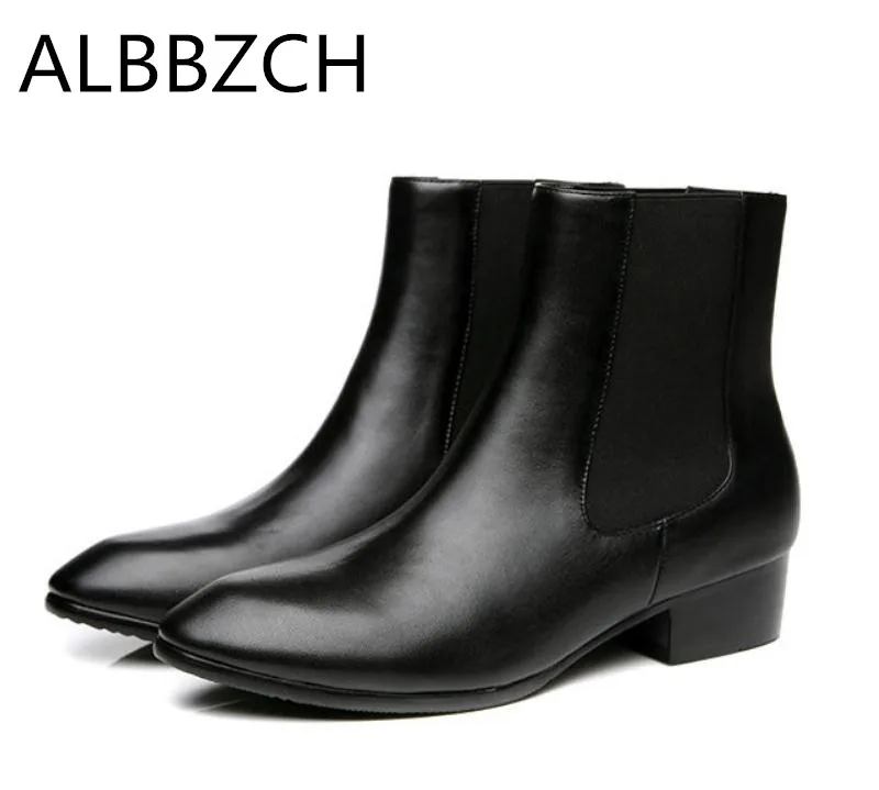 

Chelsea boots ankle boots 4.5CM high heels fashion men's male brand genuine leather motorcycle boots men pointed toe work boots