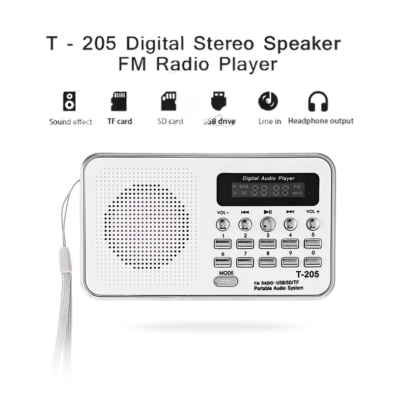 

New T-205 Mini Digital Stereo Speaker FM Radio Music MP3 Player Supports TF/SD Card Camping Hiking Outdoor Sports Loudspeakers