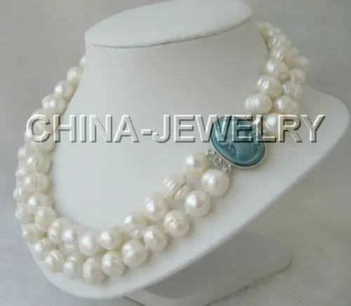 

17-18" 2row 13mm white flaw round freshwater pearl necklace-cameo clasp