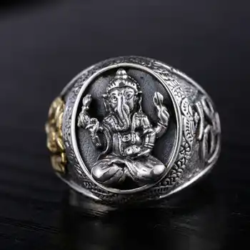 Thailand Buddha Elephant Ring Authentic 100% 925 Sterling Silver Rings for Men Vintage Punk Style GANESHA GANESH Men Jewelry