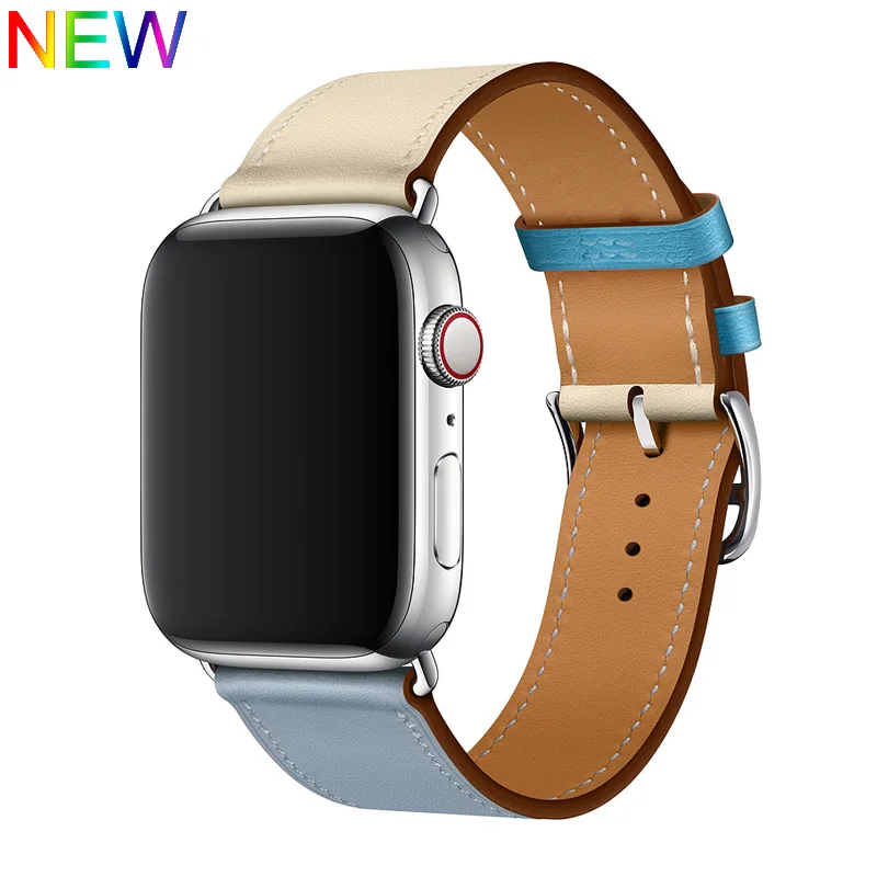 Хохлатая один тур кожаный ремешок для наручных часов Apple Watch, версии 5 4 44 мм 40 мм браслет наручных часов iwatch серии 3/2/1, 42 мм, 38 мм, версия кабели зарядных устройств с поясом - Цвет ремешка: Lin Craie Bleu