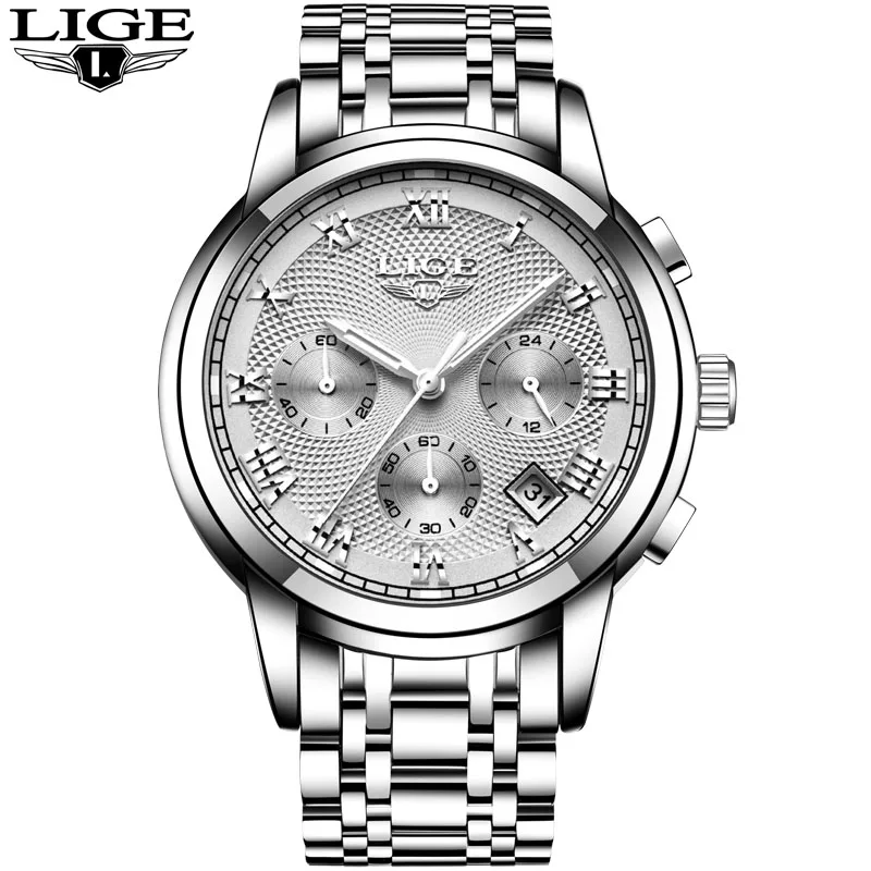 Новые мужские часы лучший бренд класса люкс LIGE бизнес Дата кварцевые часы из нержавеющей стали мужские модные водонепроницаемые Хронограф Мужские - Цвет: S silver white