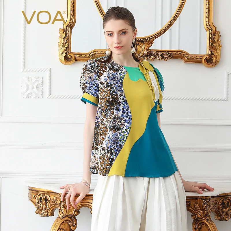 

VOA Silk T Shirt Plus Size 5XL Women Tops Harajuku Pullover Casual Tee Boho Print Haut Femme Summer Runway Short Sleeve B389