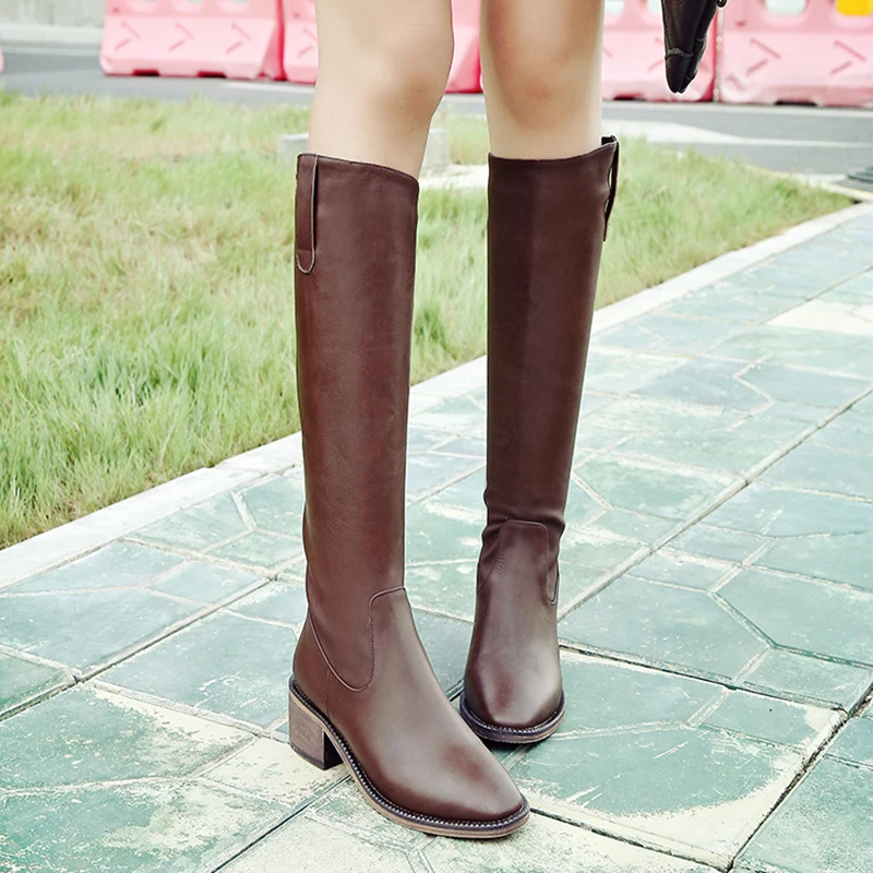Модные женские сапоги в европейском стиле ретро; сапоги до колена из натуральной кожи; женские высокие сапоги на толстом каблуке с молнией сзади