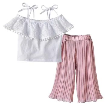 

Girl's O-Neck Off Shoulder White Tops and Pink Flared Pants 2PCS Clothing Sets Casual Fashion Girl Summer Clothing Sets
