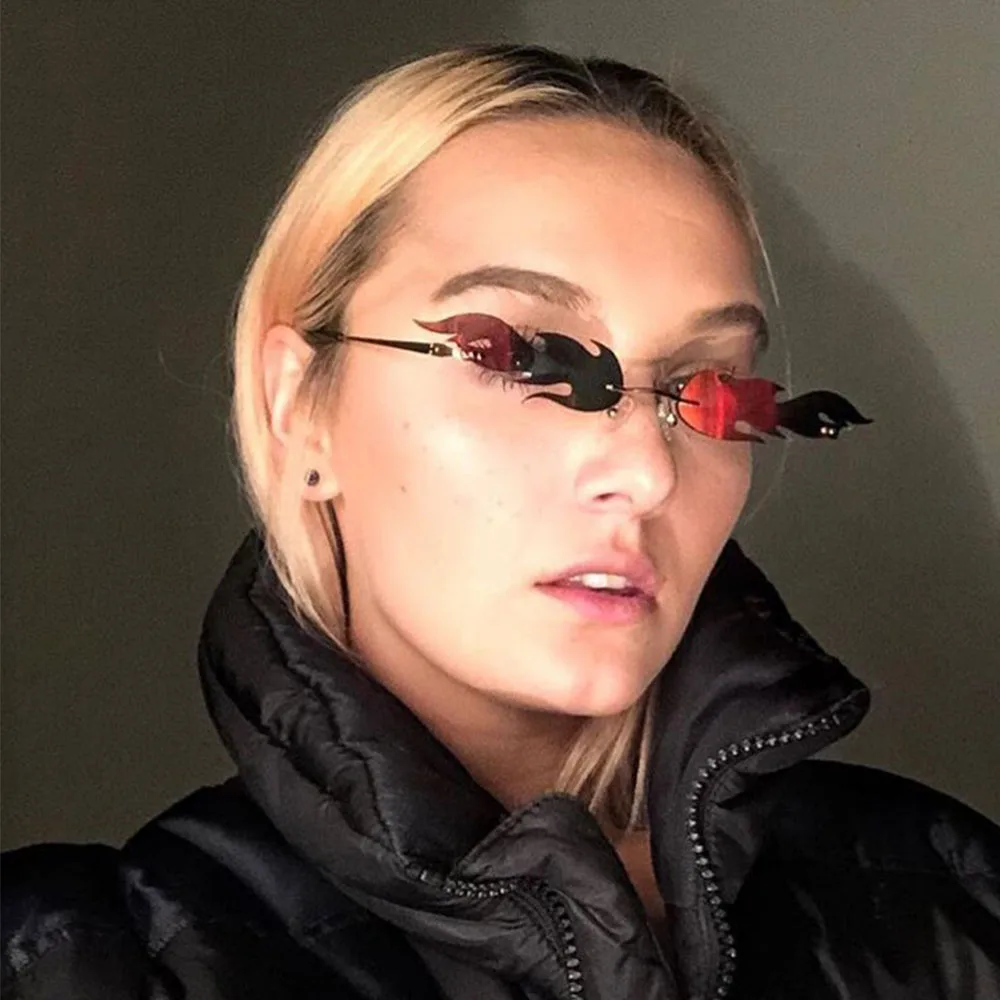 

New 2019 Trendy cool flame shape sunglasses women men metal rimless vintage Street European and American narrow-rimmed glasses