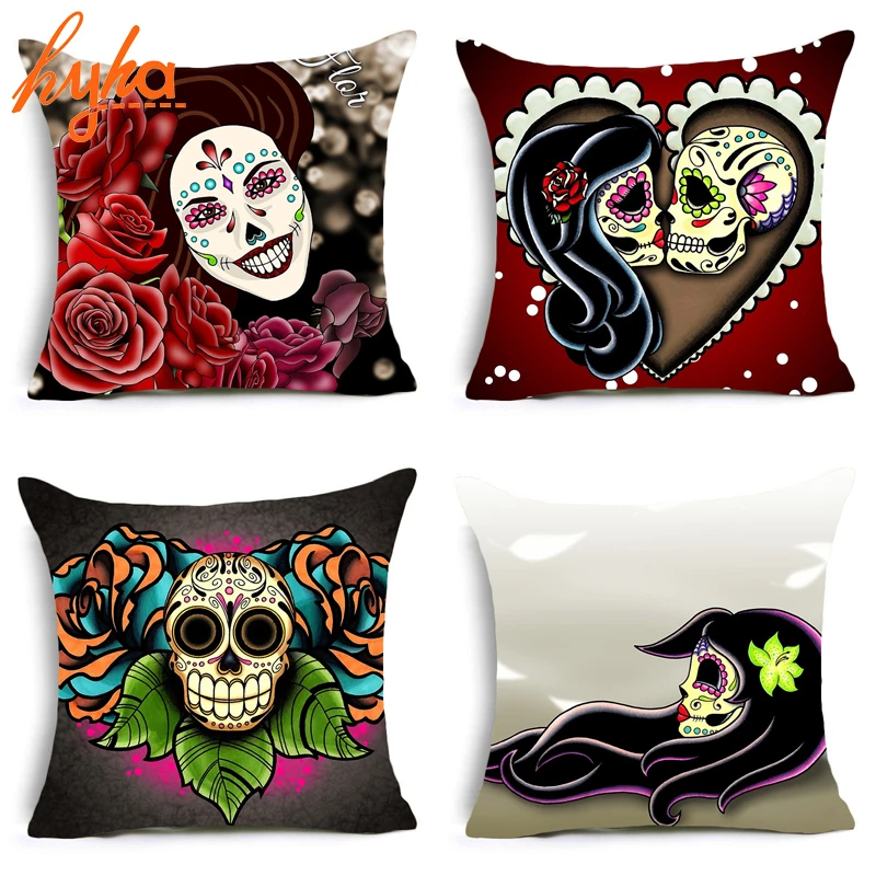 

Hyha Flower Sugar Skull Polyester Love Skull Plant Rocking Punk Skull Pillows Cover Home Decorative Pillows 45*45 cm Cushion