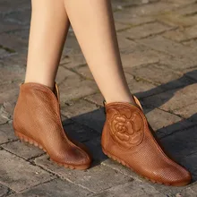 Handmade women’s shoes vintage flower genuine leather cutout women’s shoes cool boots flat comfortable soft outsole high casual