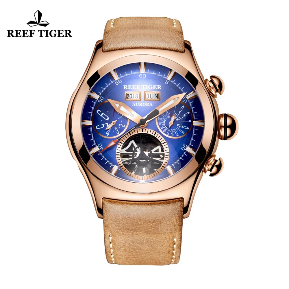 

Reef Tiger/RT Luxury Mens Watches Tourbillon Brown Leather Strap Blue Dial Watches Rose Gold Automatic Watches RGA7503