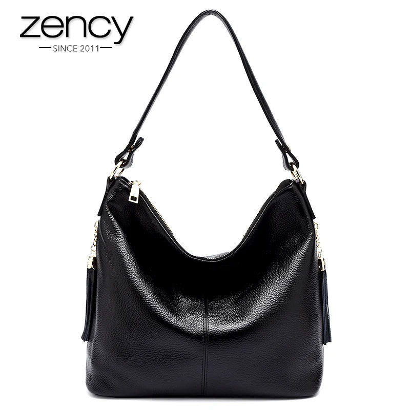 Zency 100% Genuine Leather Women Shoulder Bag With Tassel Hobos Fashion Lady Messenger Crossbody Purse Black Handbag Quality A+