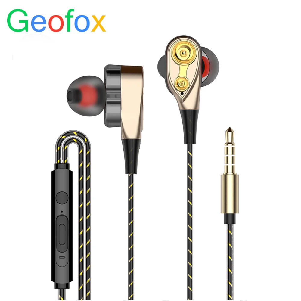 GEOFOX двойной драйвер проводные наушники Hands Free в ухо для телефона DJ mp3 спортивные