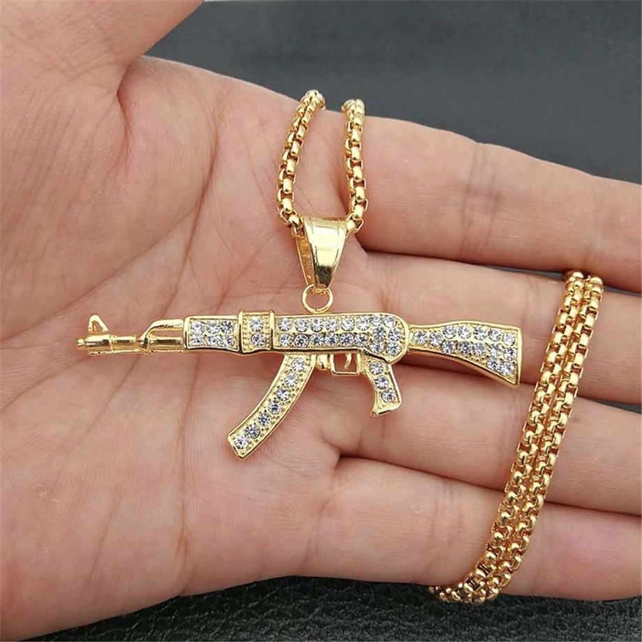 HEYu jewelry Fashion Hip-Hop Gold Necklace ICED AK-47 Rifle Shape Army  Style Gun Pendent Necklace For Men Women | Amazon.com