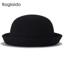 Raglaido круглая крыша фетровые шляпы для женщин складной край хлопок шляпа на зиму осень весна Дамы Твердые шерстяные шляпы Fedora LQJ01152