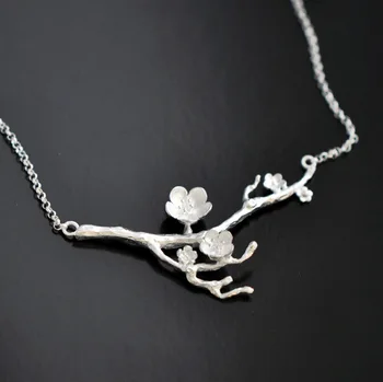 

925 Sterling Silver Cherry blossom Necklace Fashion Summer Jewelry Branch Flowers Necklaces & Pendants for women Joyas De Plata