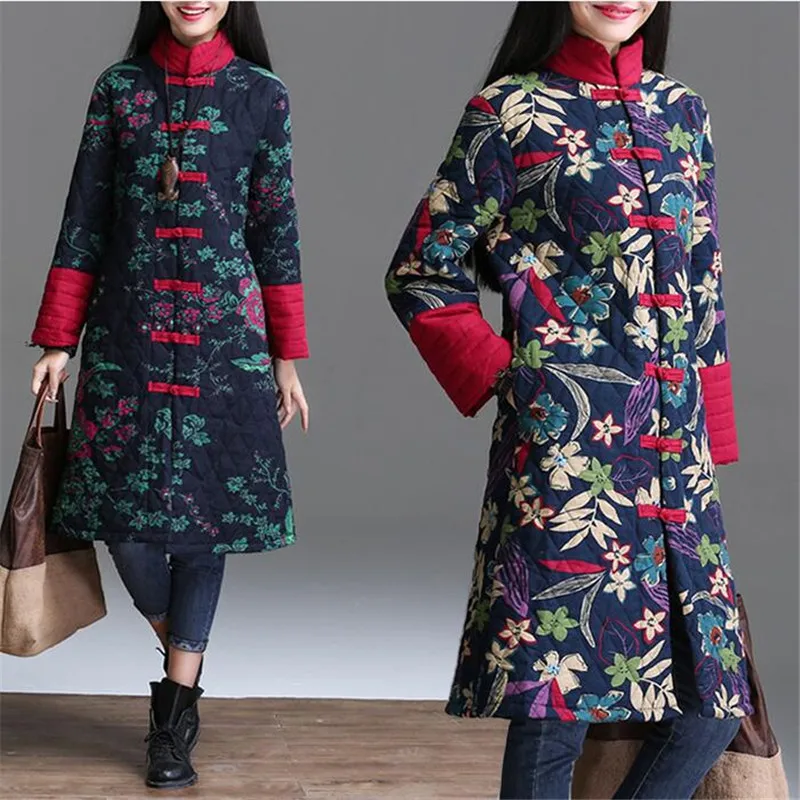 2017 Cotton Linen Winter Coat Cotton Padded Women Long Jacket Single