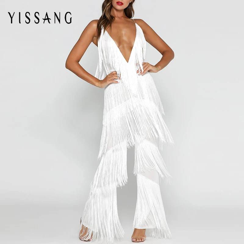 

Yissang rompers Womens Jumpsuit Tassel Sexy solid white Jumpsuit Playsuit Long Deep V Neck Club Wear Overalls for women