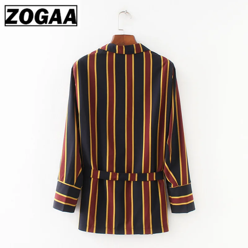 Autumn 2019 Vertical Striped Belt Jacket Women's Suit Jacket Spring Clothes Women Casual Notched Fashion Ladies Tops ZOGAA