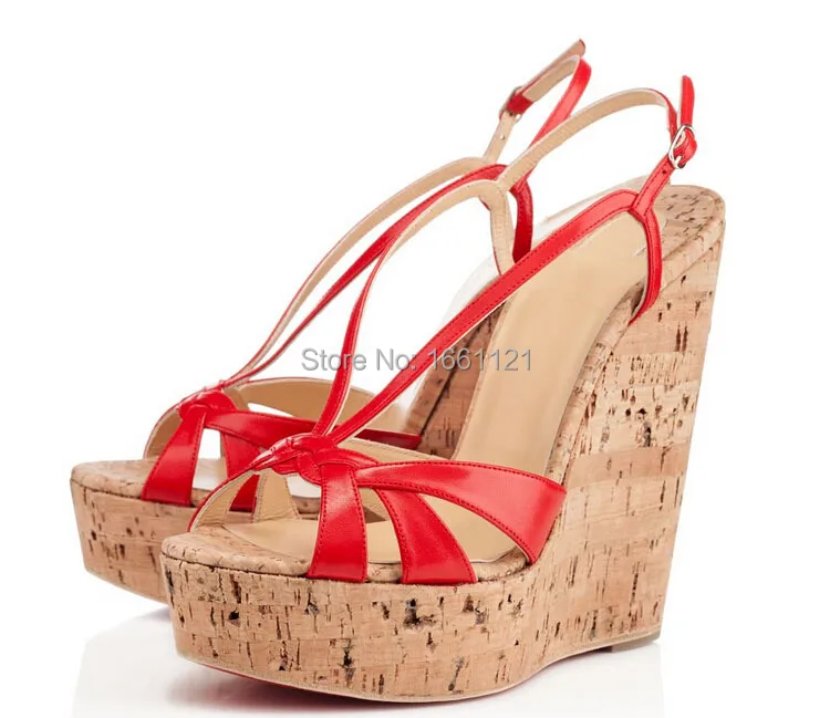 On Sale Ladies Wedge Sandals Cork Wedges Red White Ankle Strap Summer