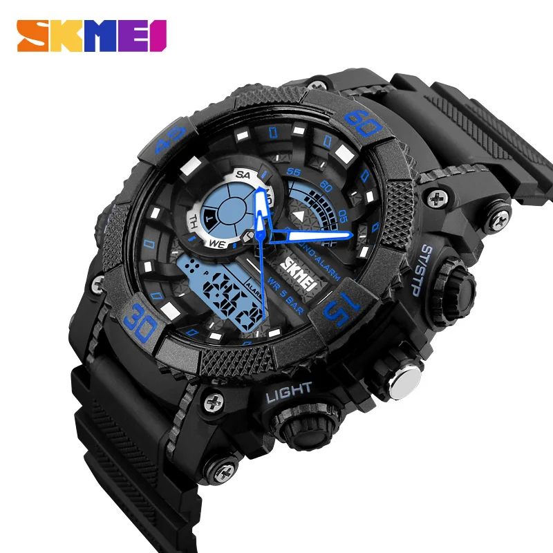 Модные уличные спортивные часы для мужчин SKMEI бренд двойной дисплей светодиодный цифровой аналоговый кварцевые часы для мужчин 50 м водонепроницаемые часы для плавания - Цвет: Blue