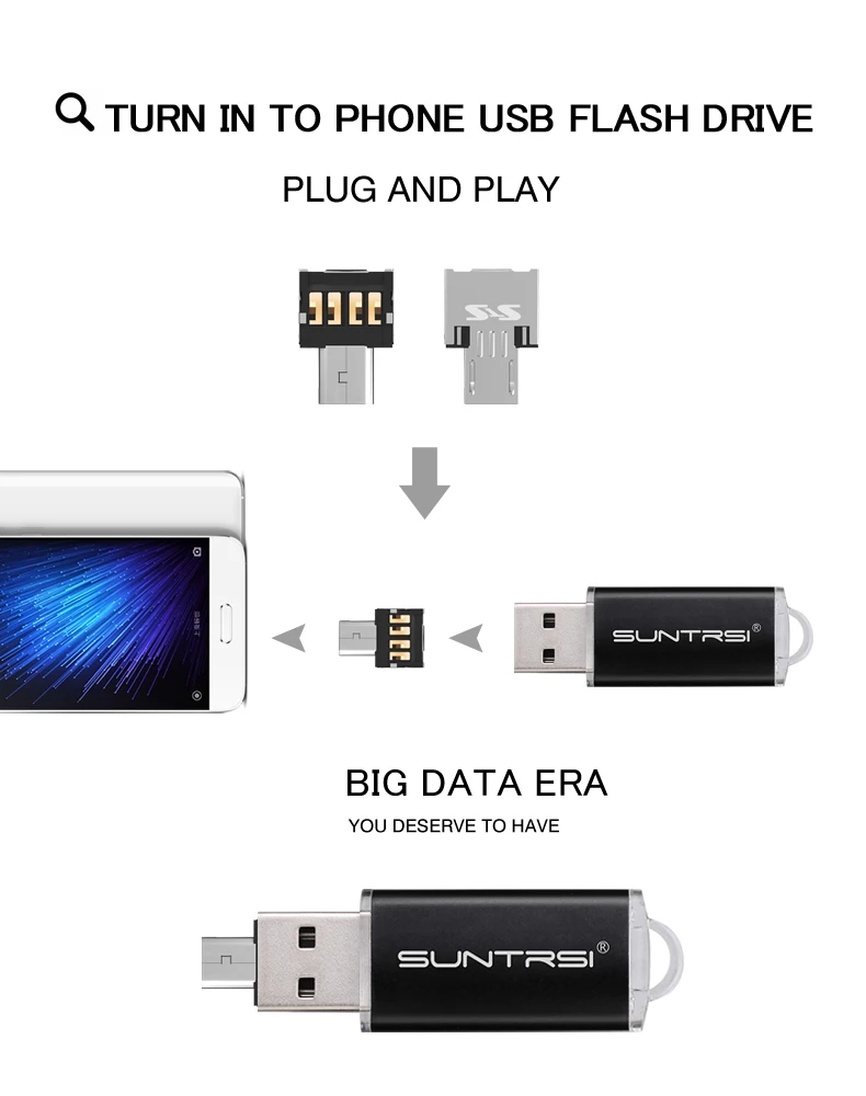 Suntrsi Micro OTG флешки для смартфонов/Планшеты/pc высокое Скорость USB2.0 флэш-накопитель 16 ГБ 32 ГБ 64 ГБ металла usb memory stick