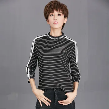 

Europe 2018 Spring Women Stand Collar Three Quarter Striped Sequined Personality T Shirt Tops Female Casual Oversize Cotton Tees
