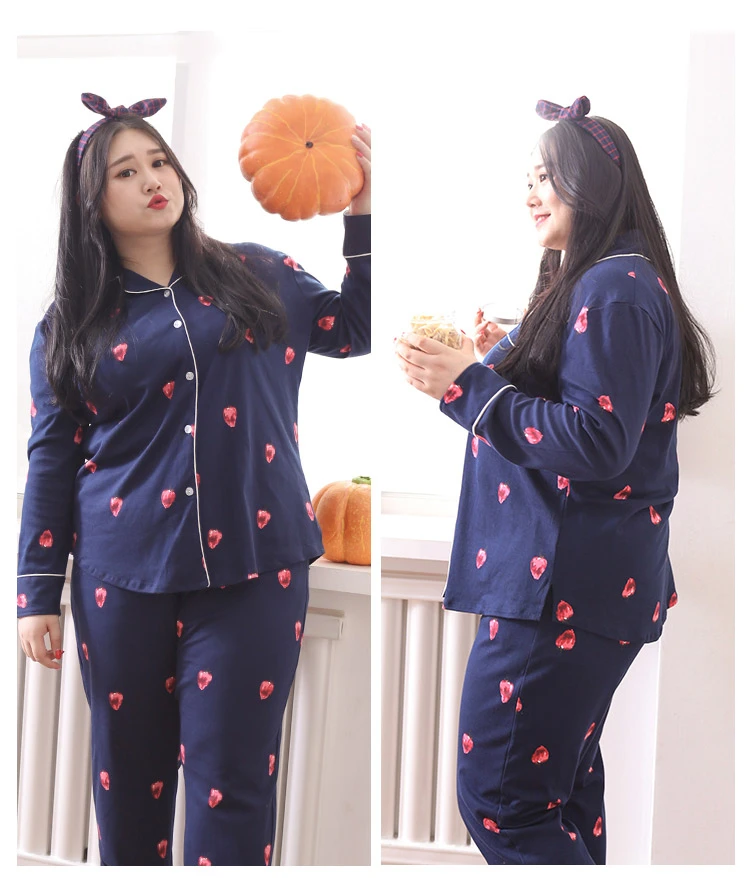 Autumn New Women's Plus Size 5XL Cotton Pajama Set Women's Fat MM Lapel Strawberry Pajamas Two-Piece Home Wear JW340 (4)