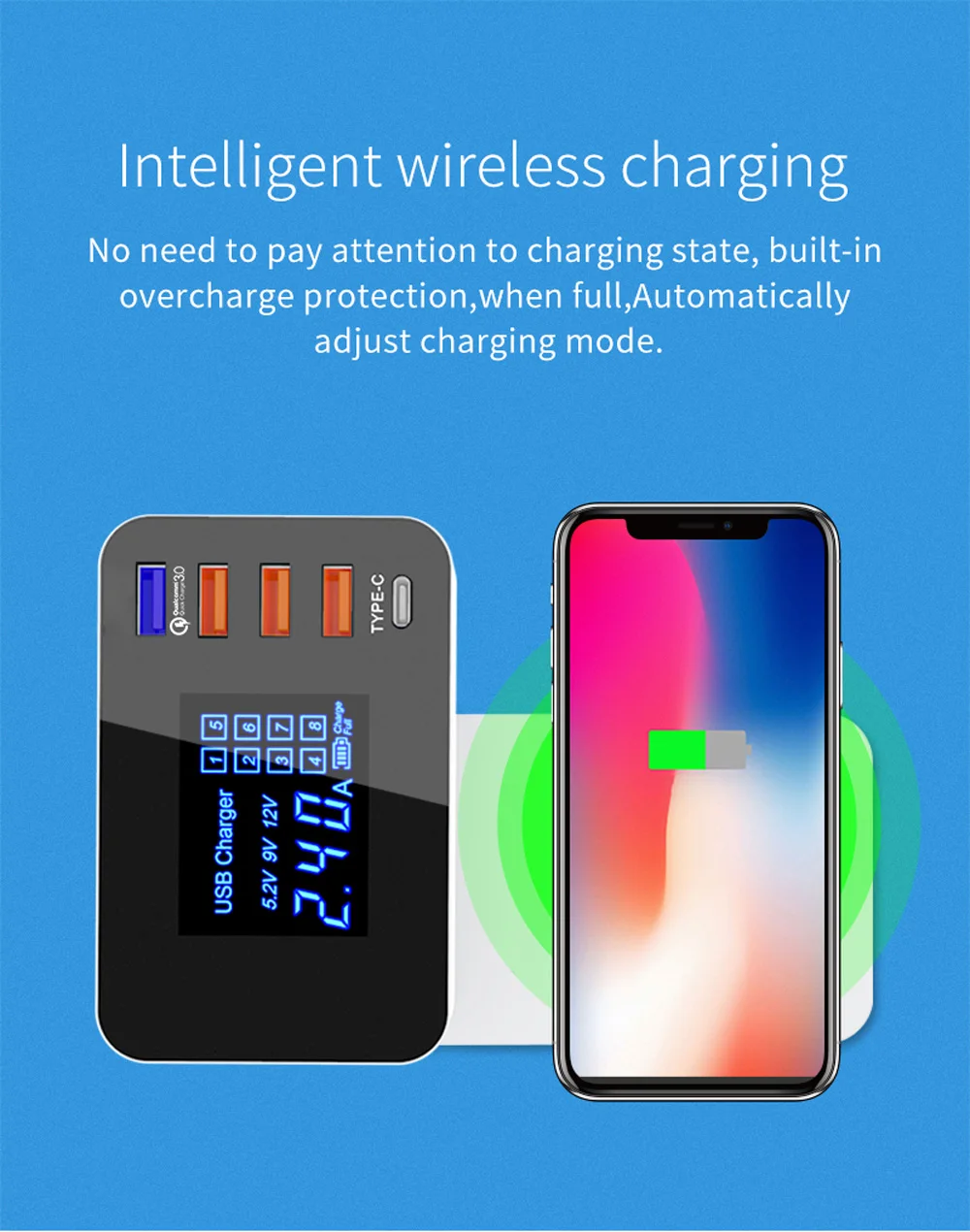 ЖК-дисплей QI Беспроводное зарядное устройство Quick Charge QC 3,0 Smart usb type C адаптер питания для быстрой зарядки для iPhone samsung UK US EU