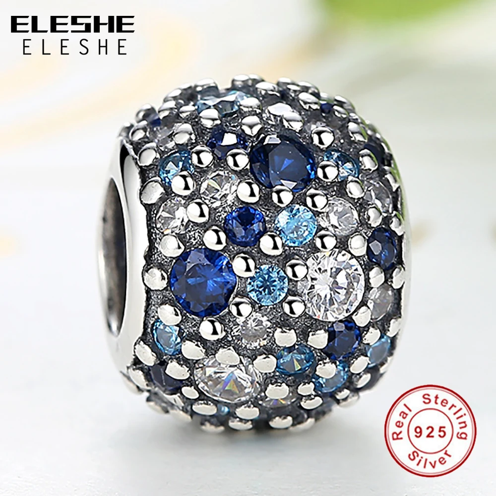 ELESHE Real 925 Sterling Silver Charm Blue Colourful Zircons Round Beads Fit Original Charms Bracelet Authentic Jewelry